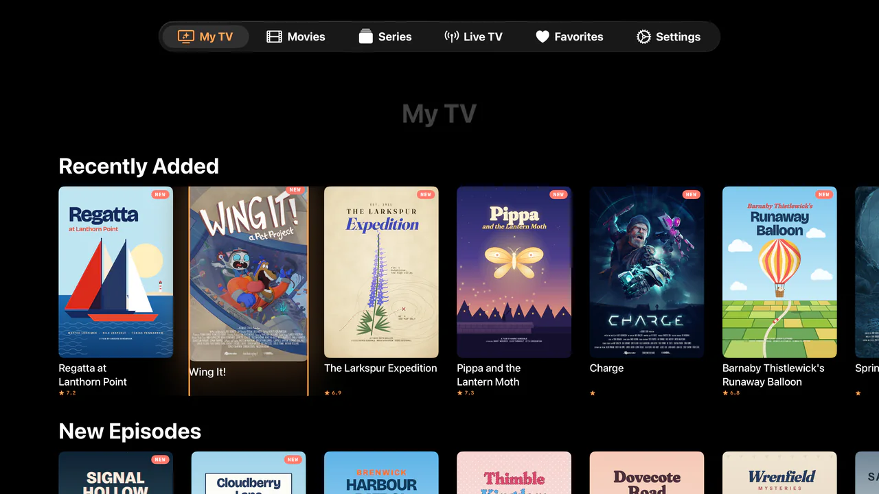 My TV auf Apple TV mit Neu hinzugefügt und Neue Folgen, jeweils mit Postern.