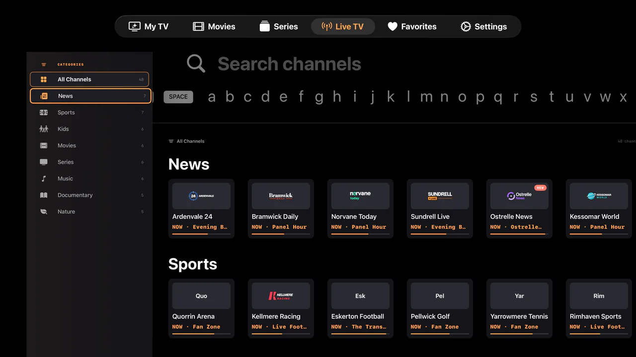 Live-TV auf Apple TV mit geöffneter Kategorienleiste: Alle Sender, Nachrichten, Sport, Kinder, Filme, Serien, Musik, Dokumentation und Natur.