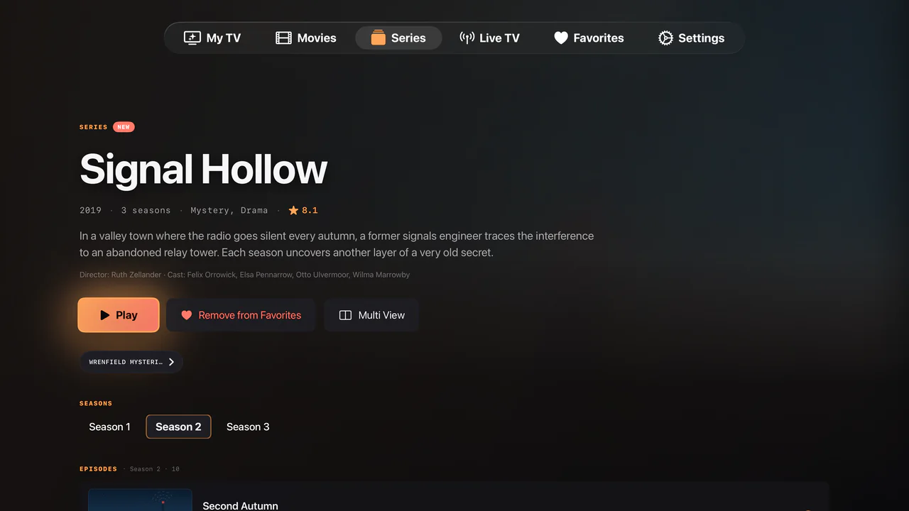 Die Serie Signal Hollow auf Apple TV mit Wiedergabe, Aus Favoriten entfernen und Multi View sowie ausgewählter Staffel 2.