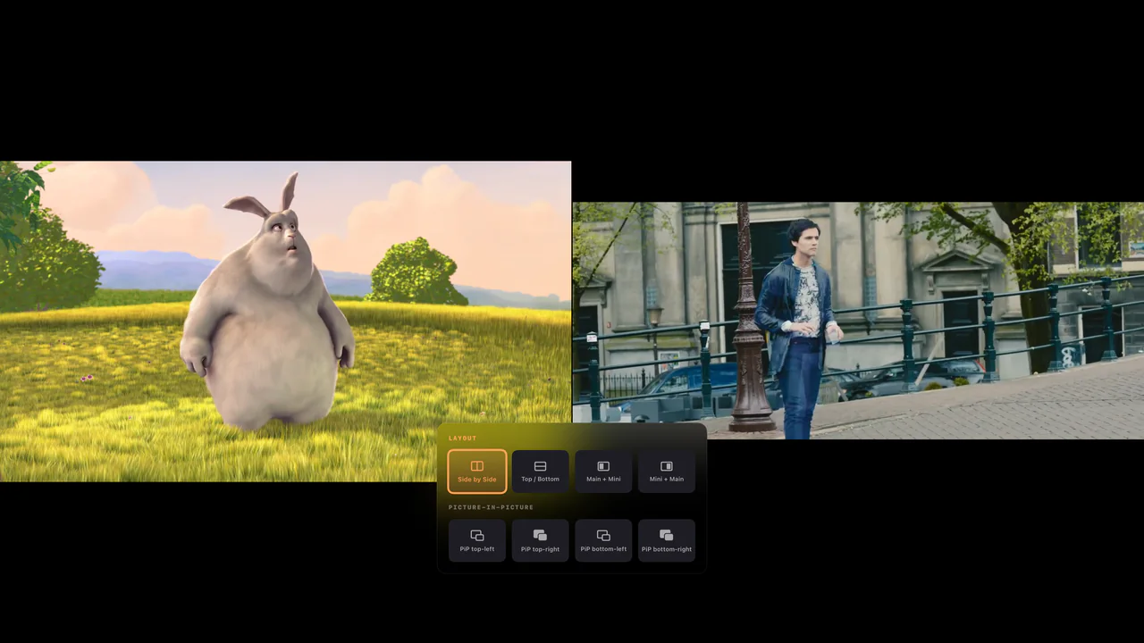 Zwei Live-Sender nebeneinander in Multi View auf Apple TV, darunter das geöffnete Layout-Panel.