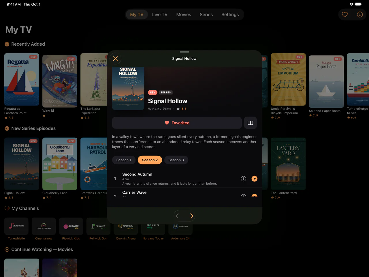 Die Serie Signal Hollow auf dem iPad mit ihren Staffeln und den Folgen von Staffel 2, jeweils mit einer Download-Taste.