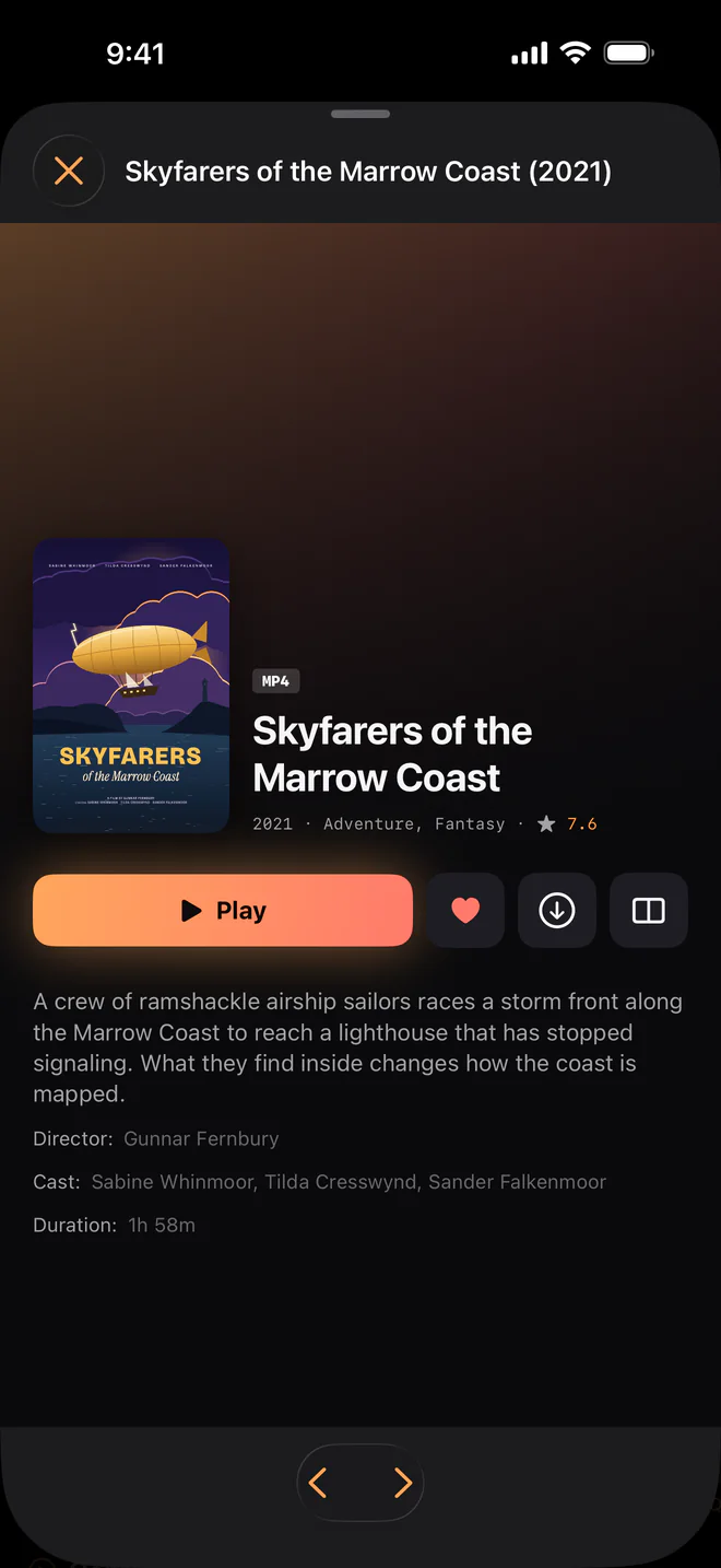 Der Film Skyfarers of the Marrow Coast auf dem iPhone mit Tasten für Wiedergabe, Favorit, Download und Multi View.