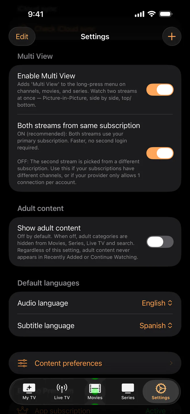 Einstellungen auf dem iPhone mit den Multi View-Schaltern und Standardsprachen: englischer Ton und spanische Untertitel.