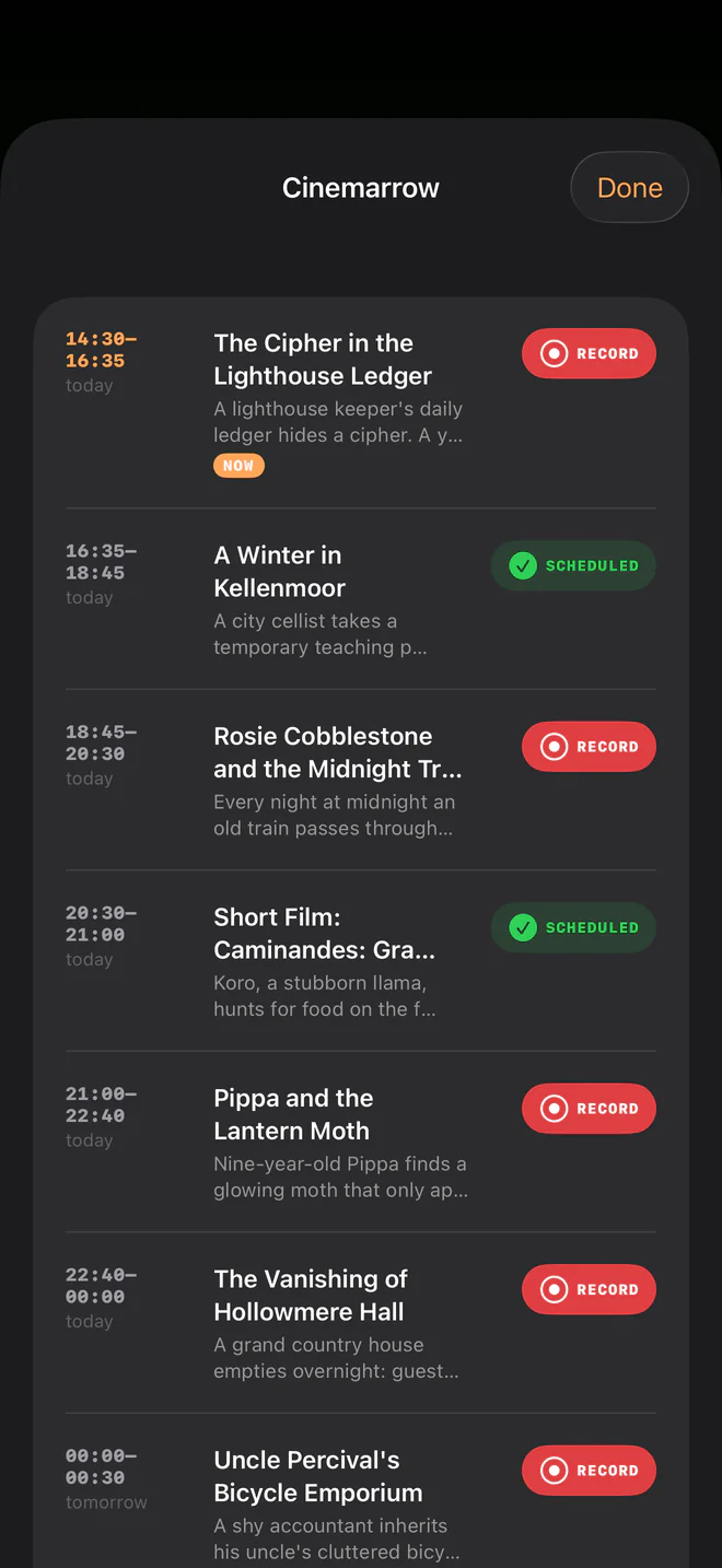 Der Programmführer für Cinemarrow auf dem iPhone mit zwei für später am Tag geplanten Aufnahmen.